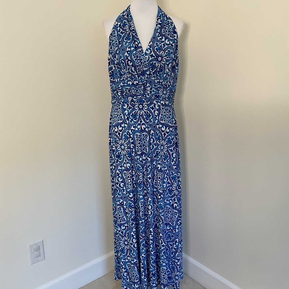 Black Label by Evan-Picone Blue and White Halter Maxi Dress